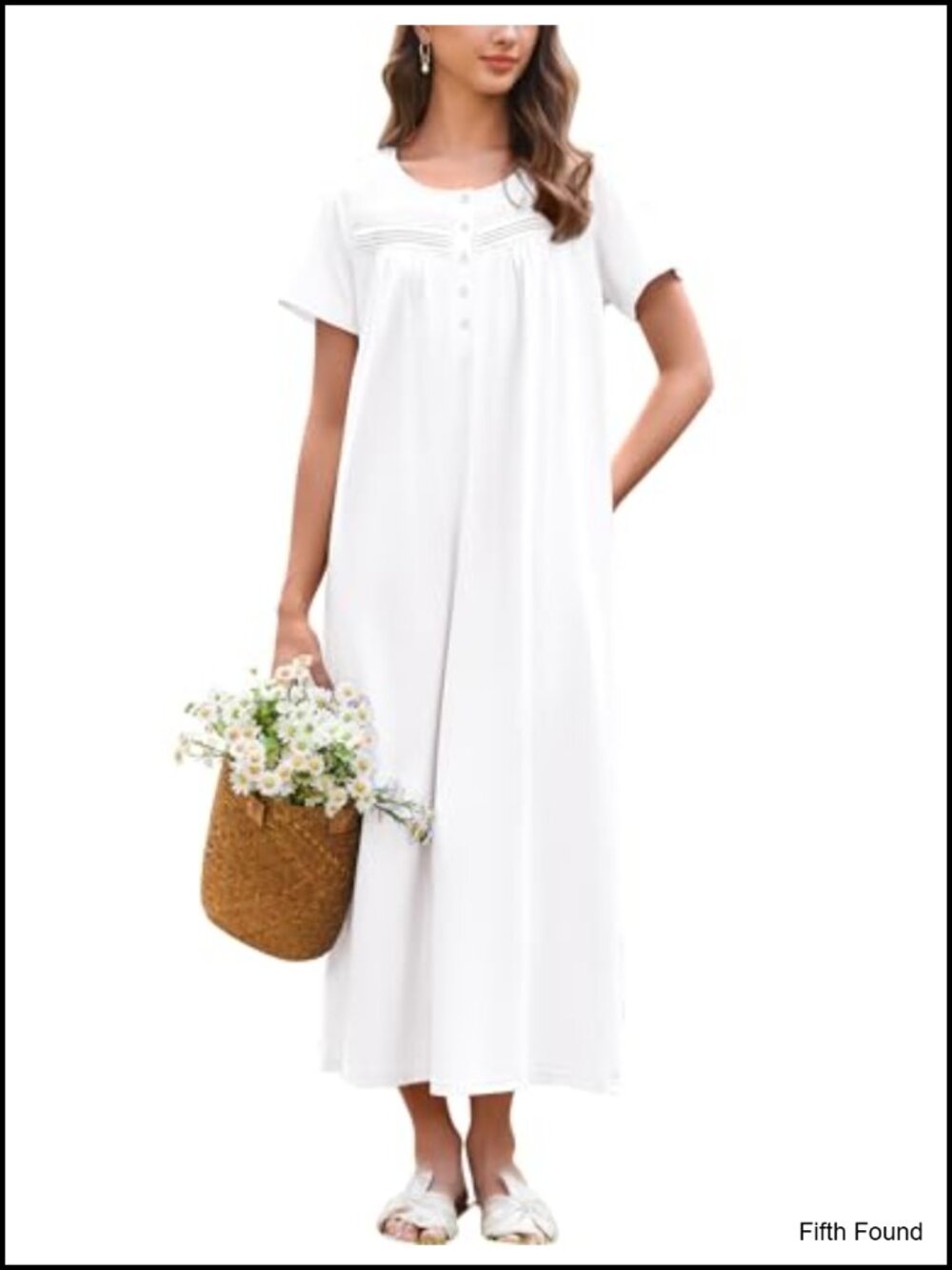 Cotton Long Nightgown Short Sleeve Button Placket Lace Trim Pockets